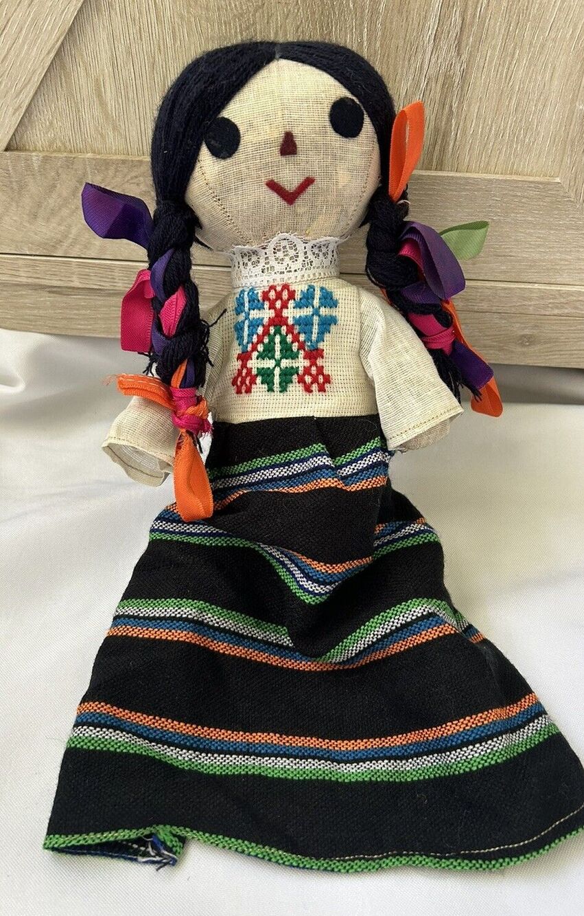 Mexican Folk Art Maria Rag Doll Vintage handmade 12" arms legs poseable